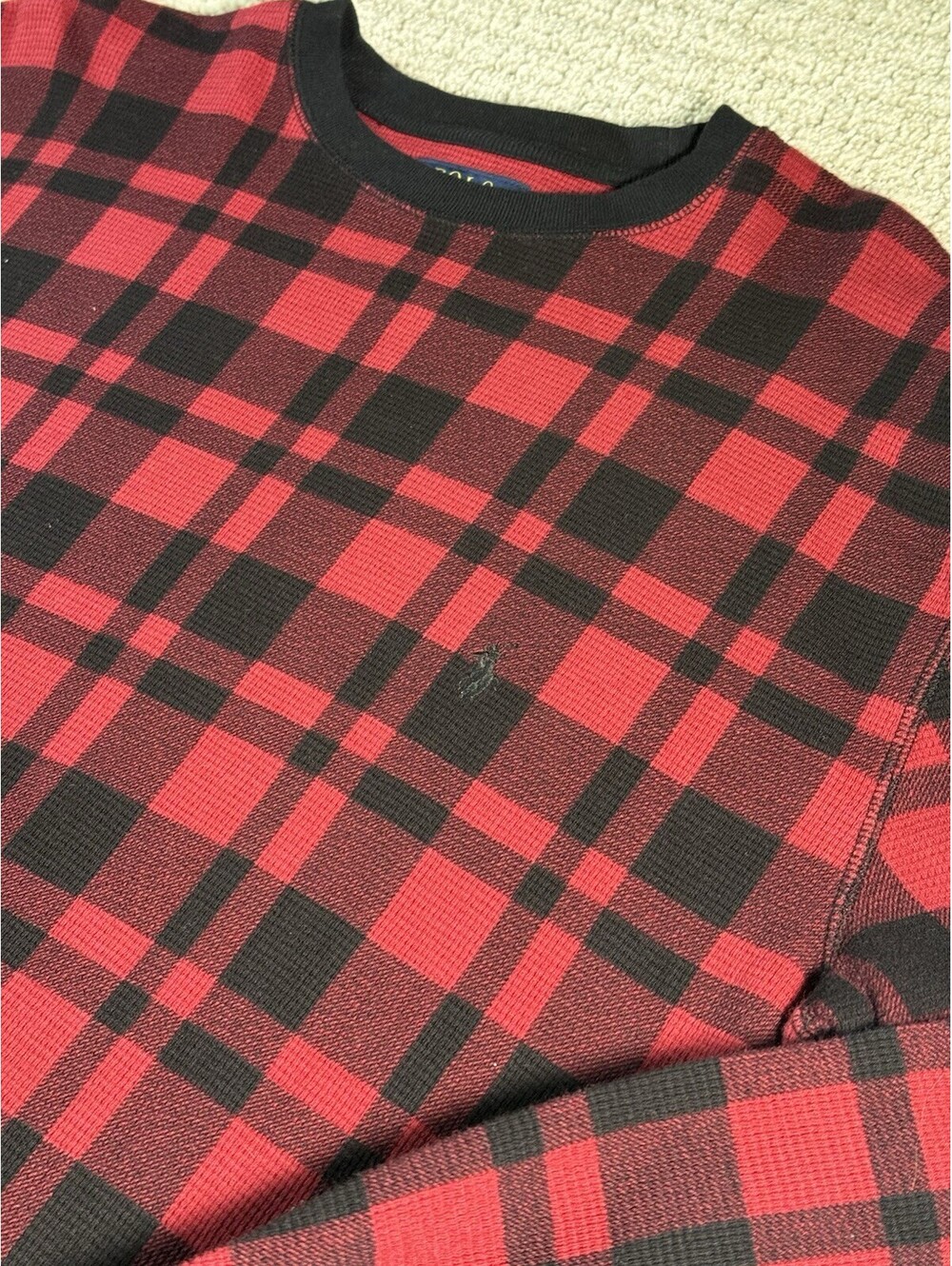 Polo Ralph Lauren Shirt Mens Large Red Buffalo Plaid Waffle Thermal Crewneck